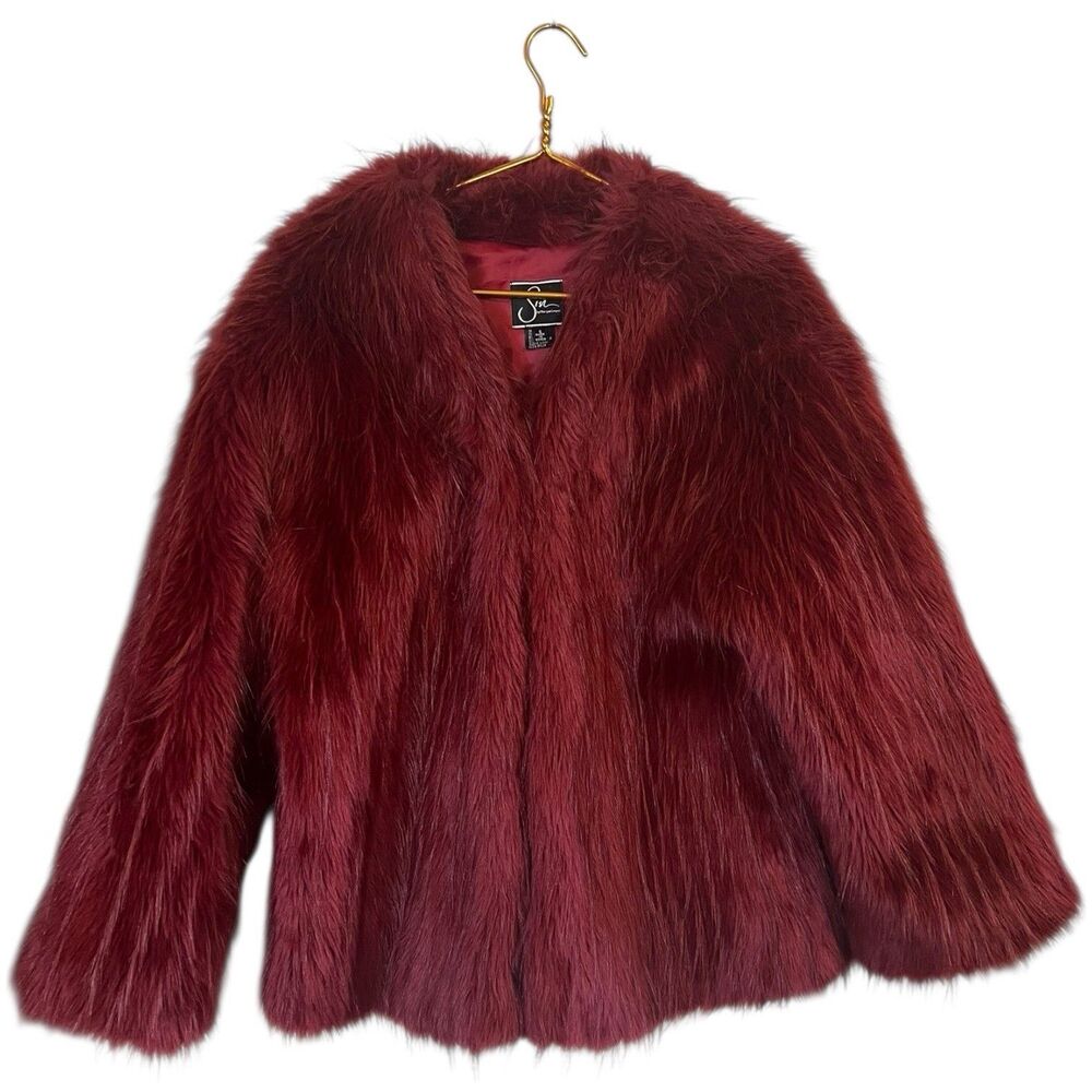 Sin Morgan Cooper Faux Fur Jacket Womens S Burgundy Y2K Coquette Statement Coat